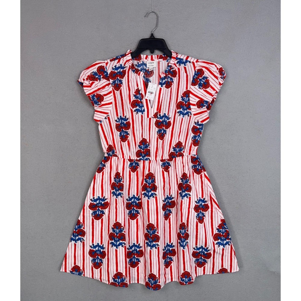 J Crew Dress Womens 10 Red Floral Striped Flutter Sleeve Cotton Preppy Willa
